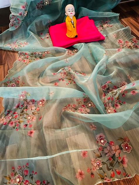 Buy Sky Blue Color Florel Digital Print Pyor Organza Silk Saree With ...