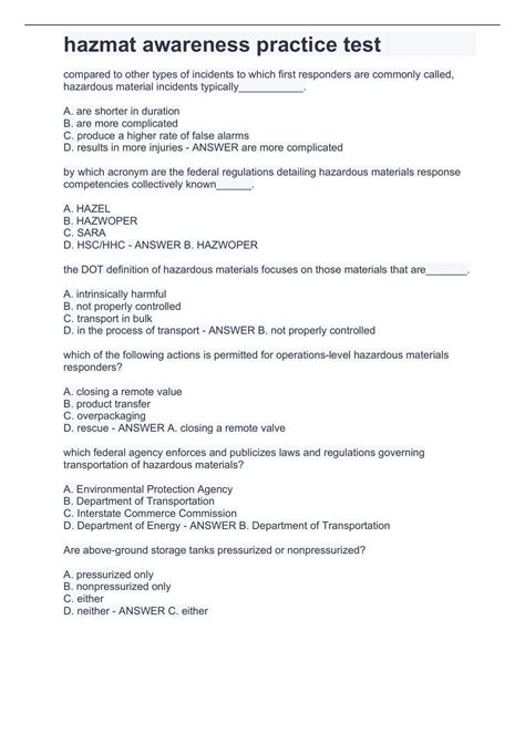 hazmat awareness practice test 2022 with complete solutions - Hazmat ...