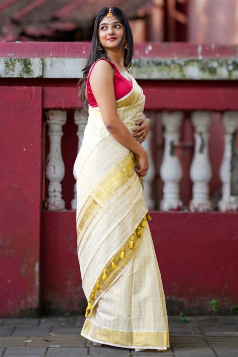 Kerala Kasavu Cotton Tissue Saree with Gold Checks | I Love Sarees - I ...