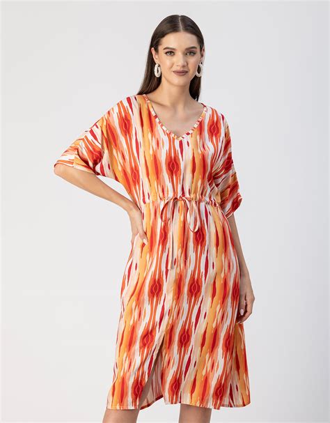 V Neck Short Sleeve Printed Rayon Dress - Moomaya
