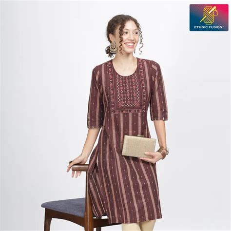 Ethnic Fusion Earthy Chocolate Delight Kurti | Cotton Round Neck Kurti ...