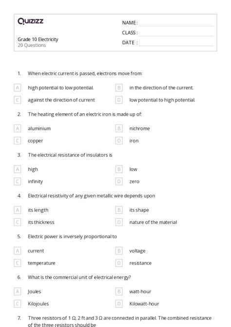 50+ electric power and dc circuits worksheets for 10th Class on Quizizz ...