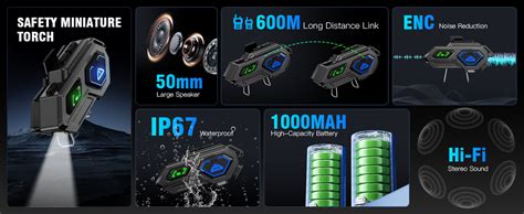 EDYELL C8 Pro Motorcycle Bluetooth Headset,LED Emergency Lights,HiFi ...