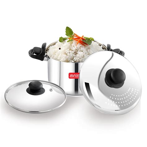 Avias Stainless Steel Strainer Pot/Rice Pot with Glass Lid (3.7 litres ...