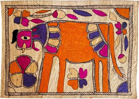 "Cow In The Meadow Madhubani Art": Orange Red Madhubani Traditional_Art ...