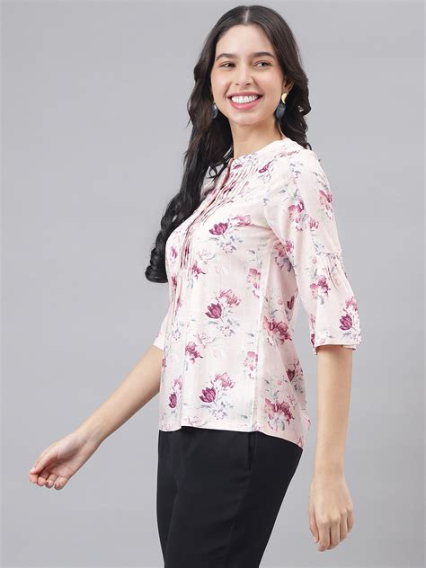 Pink Mandarin Collar Three-Quarter Sleeves Printed Top For Casual Wear