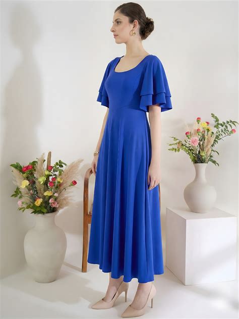 Stretchable Ruffled Sleeve Fit & Flare Dress