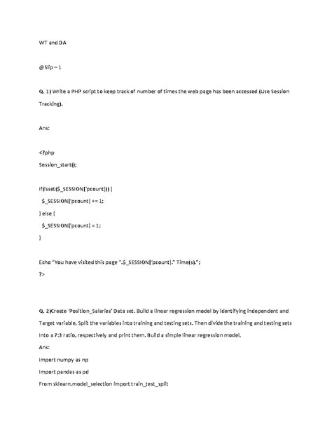 WT and DA slips solution - WT and DA @Slip – 1 Q. 1) Write a PHP script ...