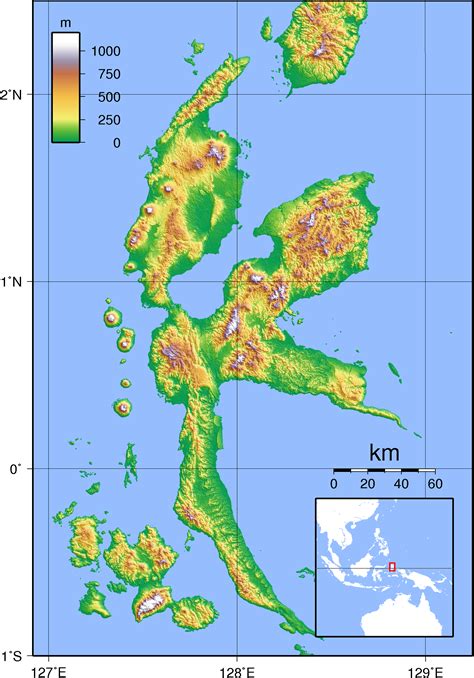 Topographic Map of Halmahera, Indonesia | Maluku, Peta, Ternate