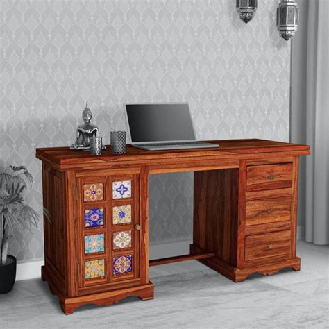 Woodworm Furniture | Nabu Solid Wood Study Desk | Handicraft Tilework ...