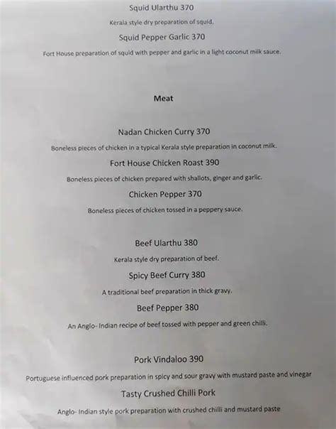 Menu at Fort House Hotel, Kochi