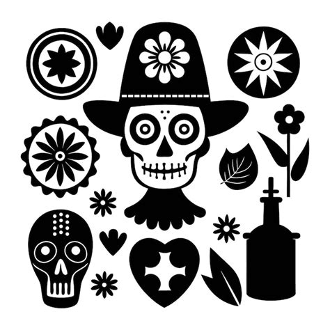 Day of the dead icon set with skull flowers and traditional mexican ...