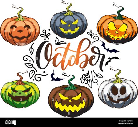 Halloween pumpkin with funny scary faces different shapes and colors ...