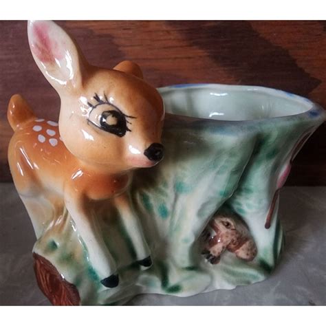 Vintage Sweet Bambi Deer Planter Figurine Tree stump with Frog Ceramic Japan | #4602374376