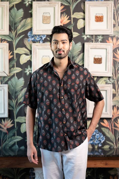 Cotton Comfort Fit Half Sleeves Shirt Black Red Floral Print