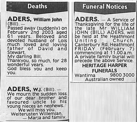 Newspaper - Death and Funeral notices, William John Aders (Bill ...