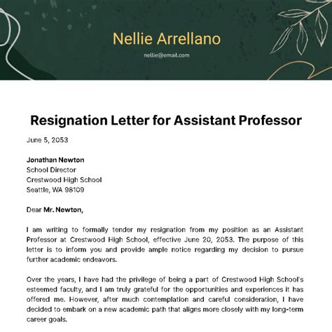 Free Resignation Letter for Assistant Professor Template to Edit Online