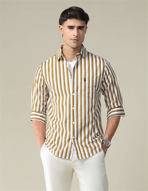 Buy Men Vertical Stripe Cotton Shirt Yellow|U.S. Polo Assn. India