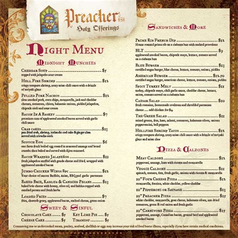 Preacher Bar menu in Cape Canaveral, Florida, USA