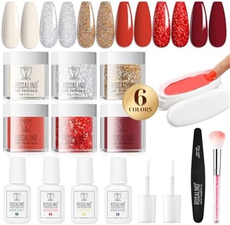 ROSALIND 6 Colors Dip Nails Powder Starter Kit, Red Glitter Nail Dip ...