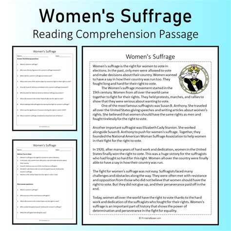 Women's Suffrage | Reading Comprehension Passage Printable Worksheet ...