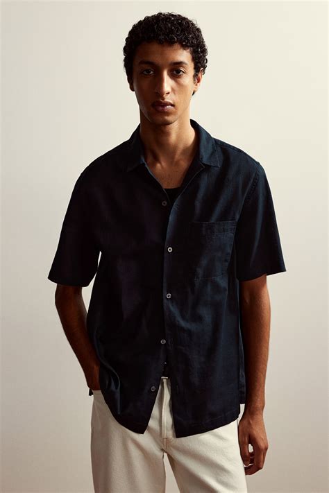 Regular Fit Linen-blend resort shirt - Navy blue - Men | H&M IN