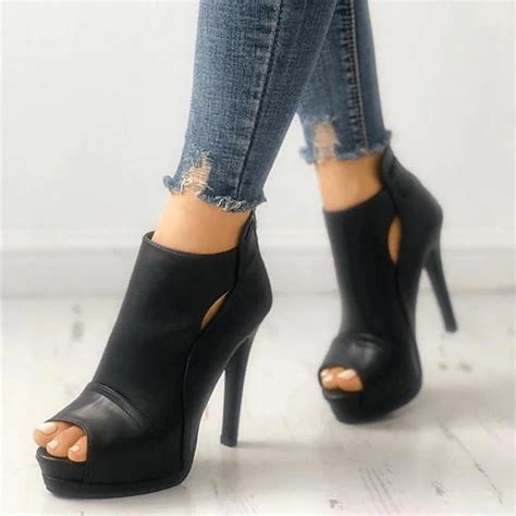 Women's Sexy Black Peep-Toe Stiletto Heels with Cut-Out Design – Faux ...