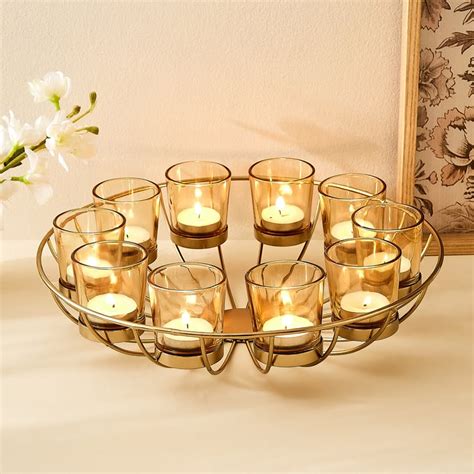 Buy Salsa Rylee Lotus Set of 10 Glass Votive with Metal T-Light Holder ...
