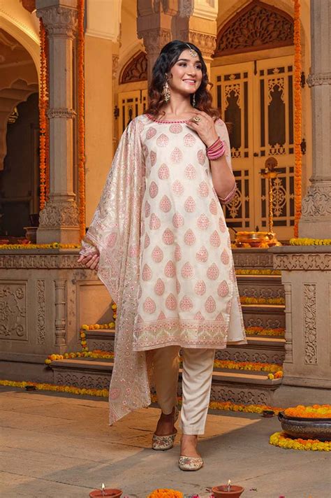 Buy Beige Abstract Printed Embroidered Kurta, Trousers and Dupatta Set ...