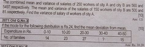 Solved: The combined mean and variance of salaries of 250 workers of ...