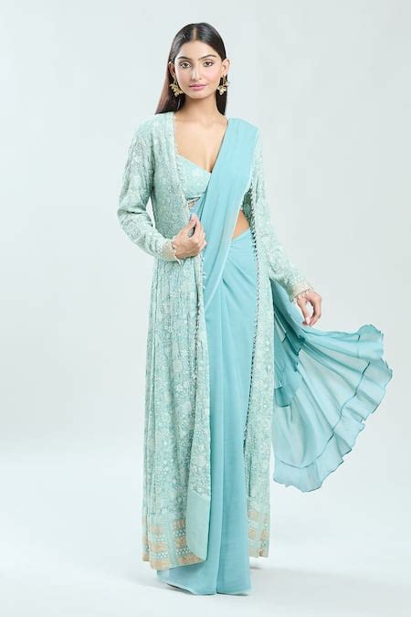 Buy Blue Georgette Sequins, Tassels Plain Pre-draped Saree With ...