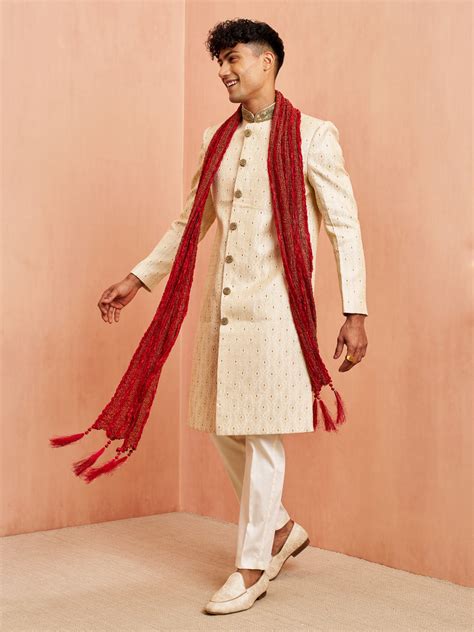 Men's Cream Sherwani Dupatta Set | VASTRAMAY – vastramay