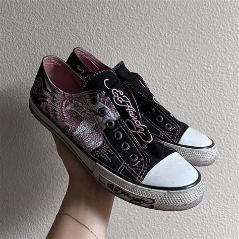Ed Hardy Women's Black and Pink Trainers | Depop