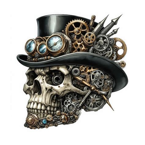Watercolor steampunk skull elements mechanical skulls metallic skulls ...