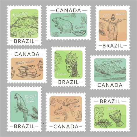 Post mark set with canada brazil national elements | Premium Vector