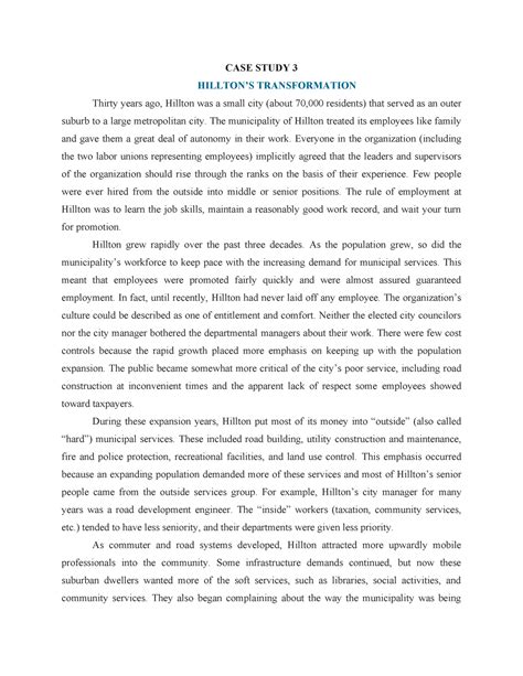 CASE Study 3 - CASE STUDY 3 HILLTON'S TRANSFORMATION Thirty years ago ...