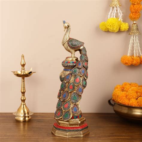Buy Large brass Peacock Showpiece with Meenakari - 20 Inch - Budhshiv.com
