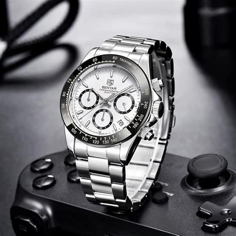 Benyar - BY-5169 White Classic Men's Watch with Chronograph and Stainl ...