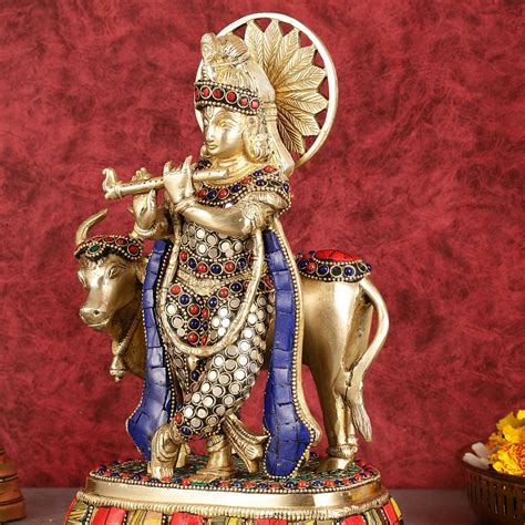 Buy Exquisite Brass Lord Krishna Statue with cow idol 9" - Budhshiv.com