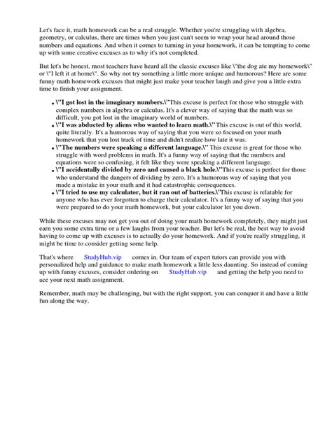 Funny Math Homework Excuses | Download Free PDF | Homework | Mathematics