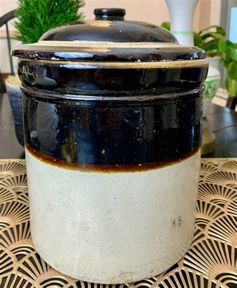 Antique Bean Pot Crock With Lid Stoneware Ceramic 12" Two Tone - Etsy