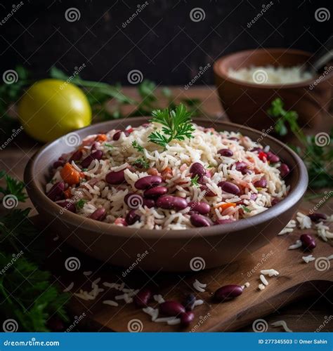 Colorful Belizean Rice and Beans with Fried Plantains and Salad Stock ...