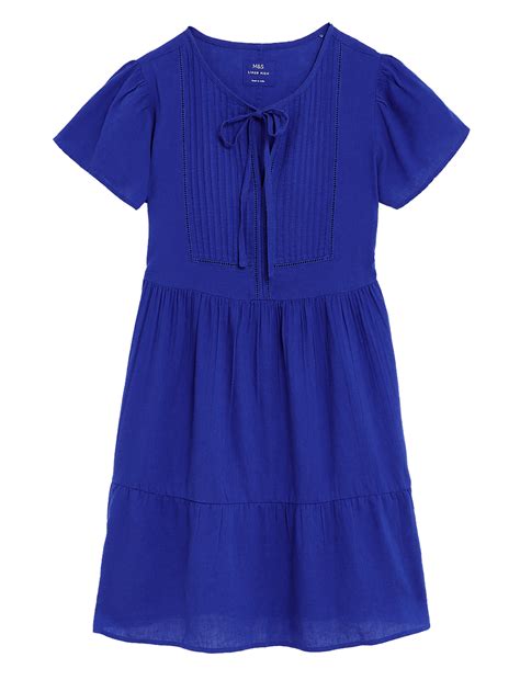 Buy Linen Blend Tie Neck Mini Tiered Dress at Marks & Spencer
