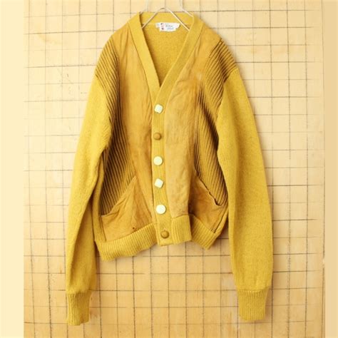 60s 70s USA スウェードレザー 2PLY ウール ニット カーディガン マスタードイエロー メンズL アメリカ古着 ...