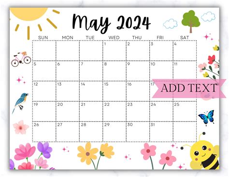 EDITABLE May 2024 Calendar Printable Wall Calendar 2024 Cute - Etsy ...