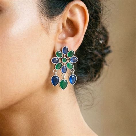 Stone Studded Peacock hued Floral Studs | Stone Studded Earrings ...