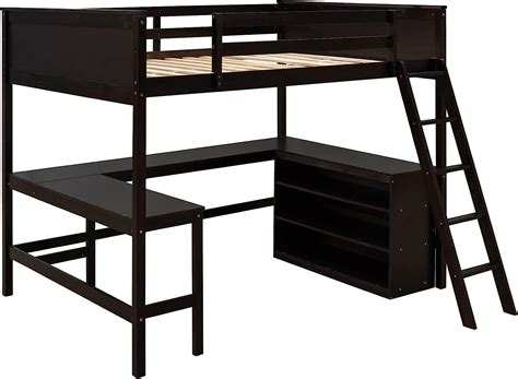 Buy Full Loft Bed with Desk and Storage Shelves Bookcase Wood High Loft ...
