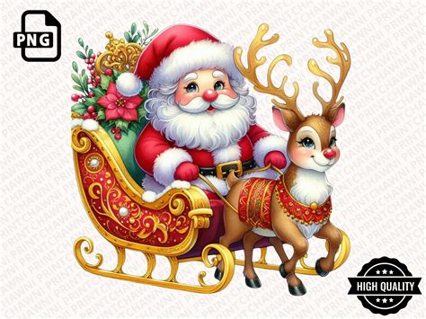 Santa and Reindeer Sleigh Clipart PNG Graphic by ChawniPrint · Creative ...