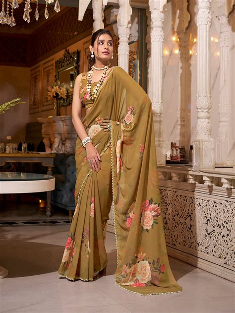 Brown Color Printed With Peral Lace Border Georgette Saree – Queenvastra