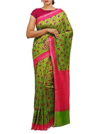 Buy UNNATI SILKS Women Green Pure Chanderi Sico Kalamkari Printed Saree ...